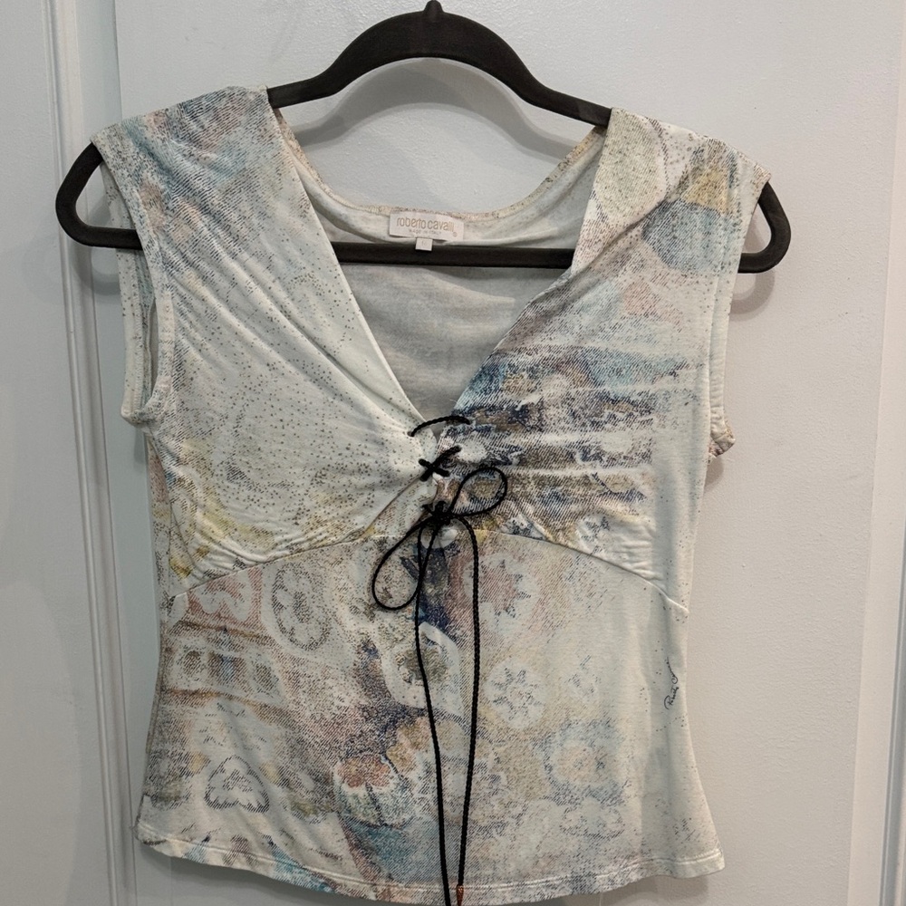 Roberto Cavalli Abstract Lace-Up Blouse - Cream and Blue